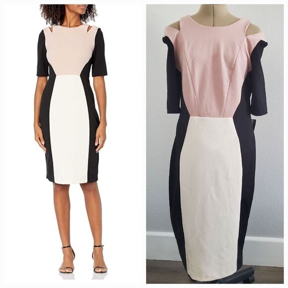 Gabby Skye Women's Sheath Dress Size 12 Black Cream Pink Cut-Out Bodycon NEW - Picture 2 of 7